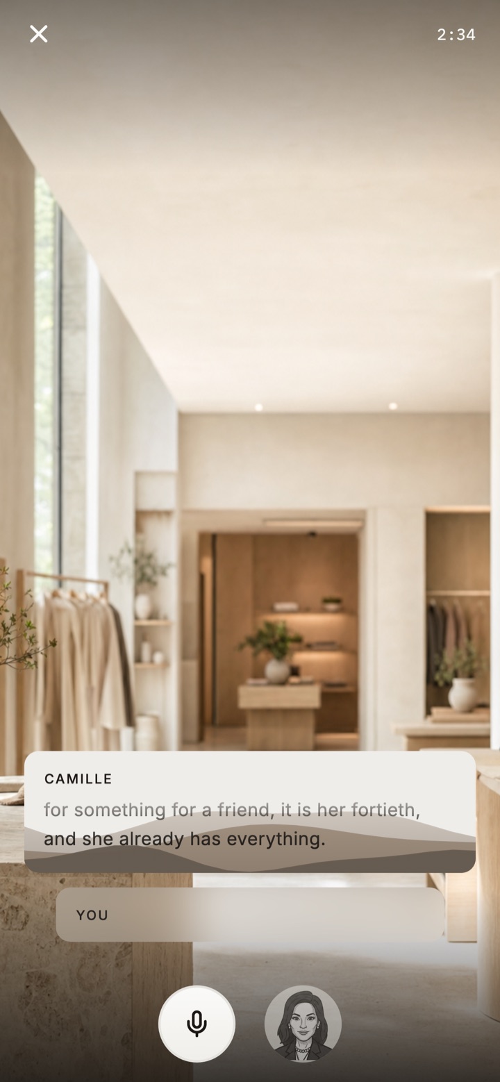 Prestance live voice drill with a simulated client conversation in a boutique setting