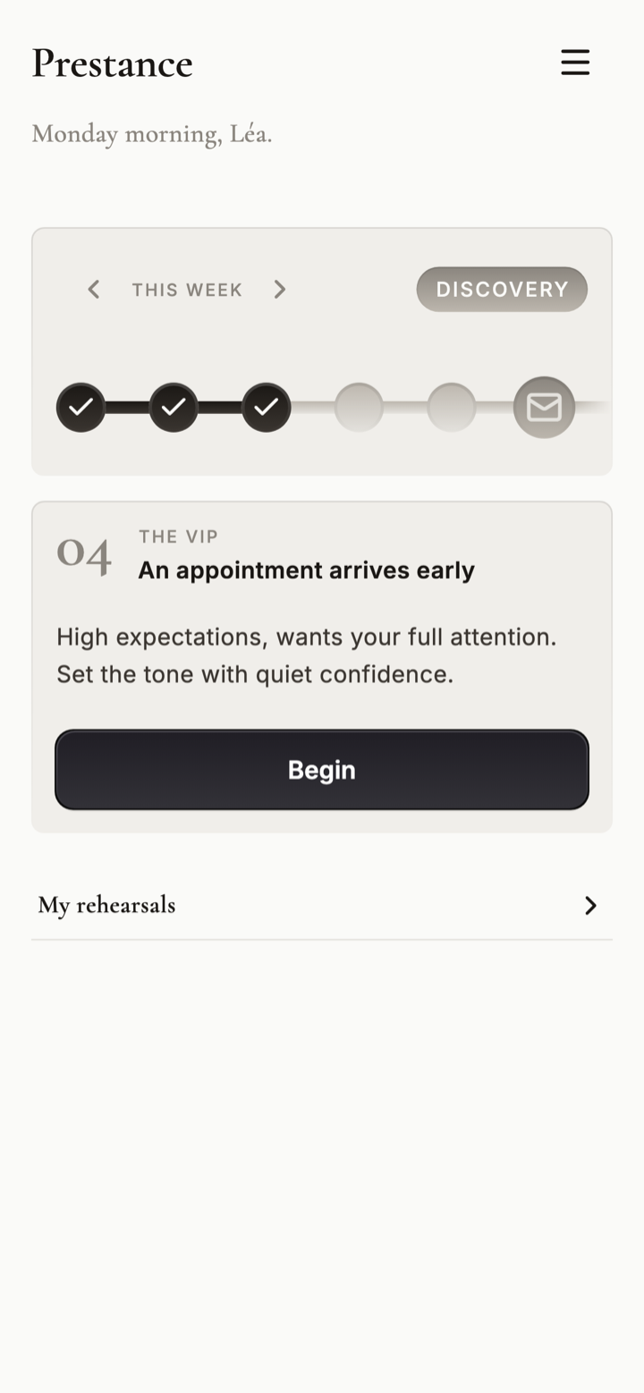Prestance app home screen showing the week's practice streak and today's scenario