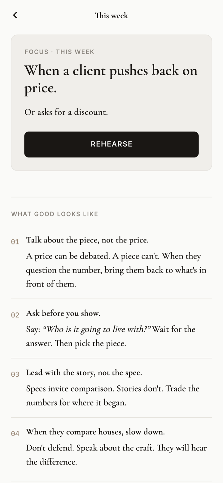 Prestance weekly coaching letter describing what good looks like for the week's focus